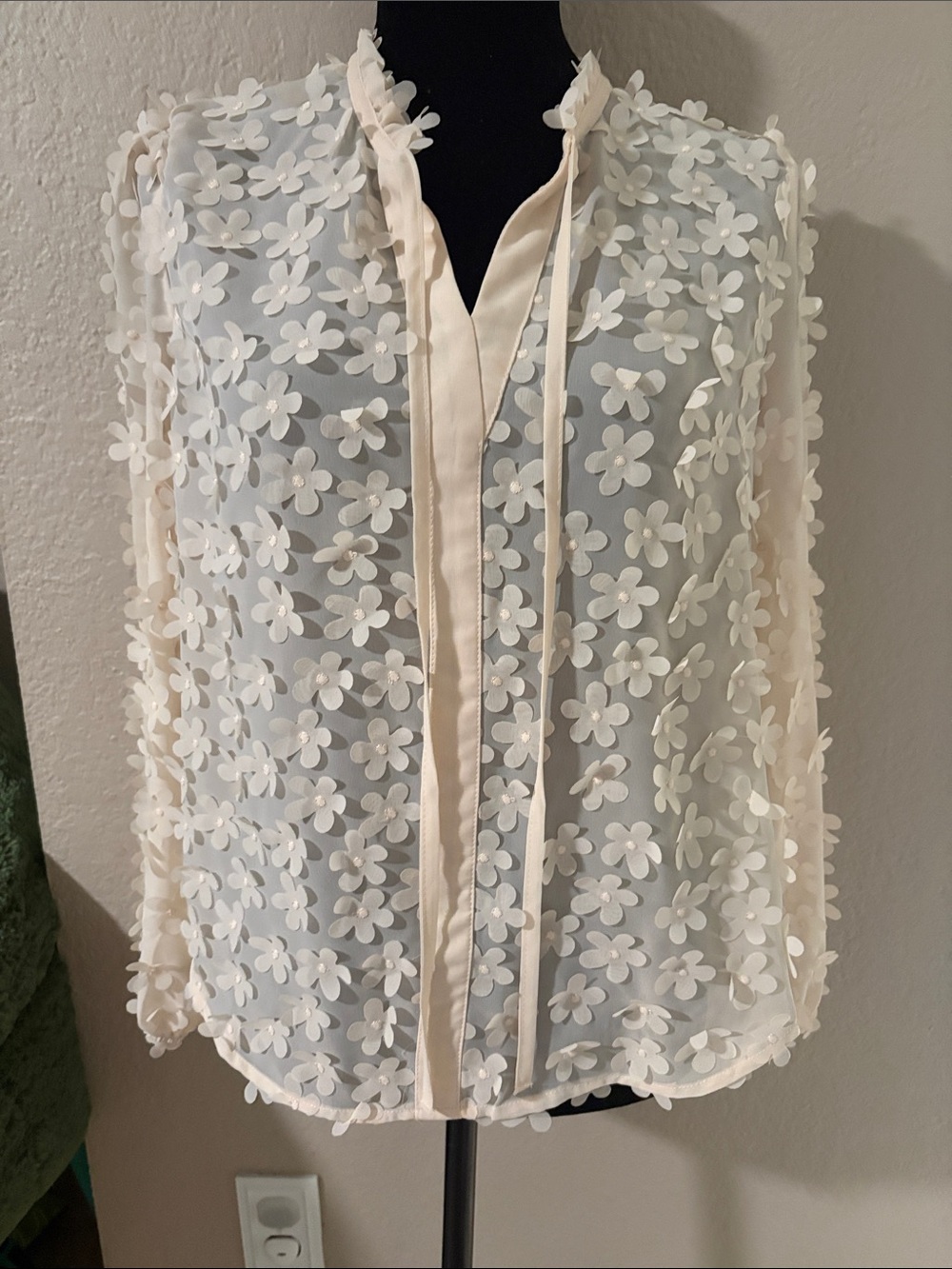 Adrianna Papell Cream Sheer Floral Appliqué Blouse